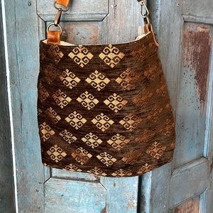 Handmade leather and kilim fabric shoulder bag